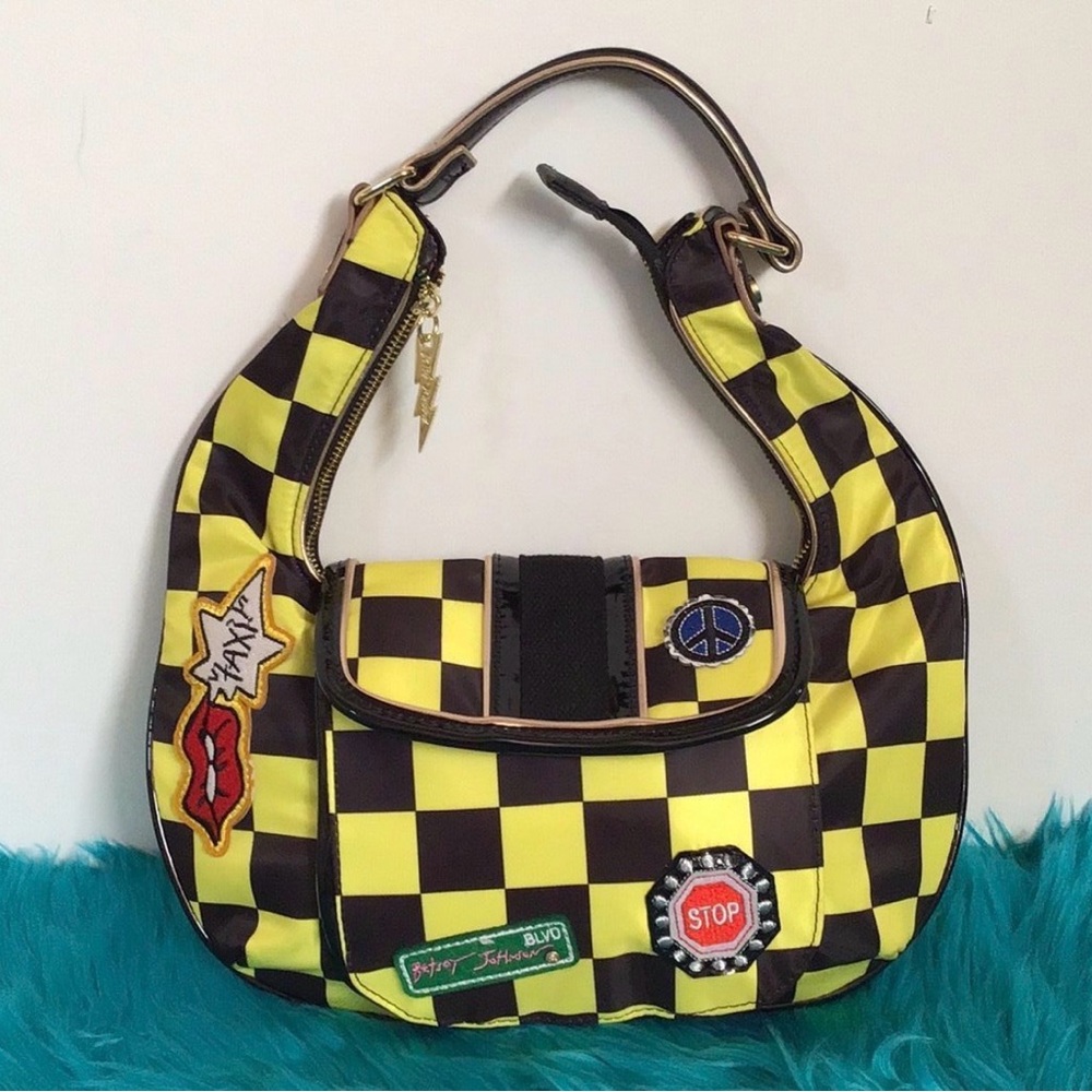 Betsey Johnson Yellow and Black Checkerboard Shoulder Bag with Patch Accents